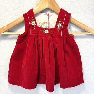 Vintage Switzerland Velvet Floral Sundress Girls 12-18 Months Red Embroidered